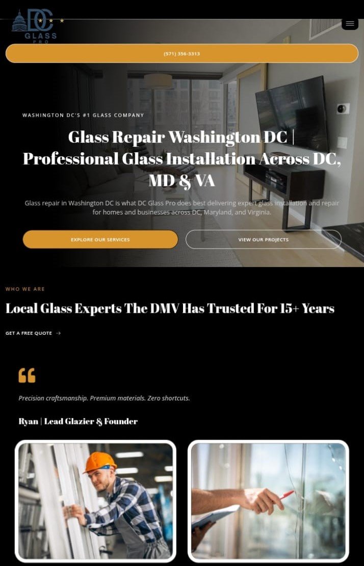 Website redesign for DC Glass Pro, glass repair