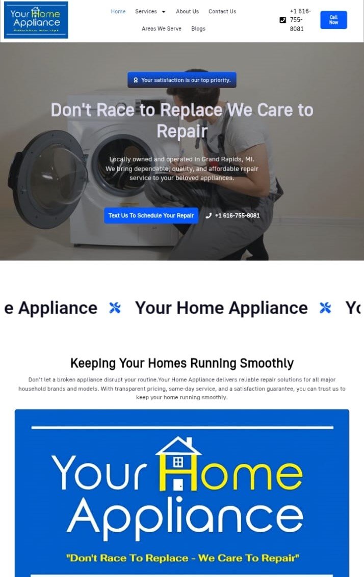 Website redesign for Your Home Appliance, appliance repair