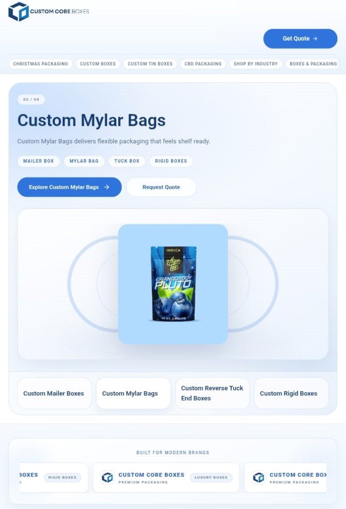 Website redesign for Custom Core Boxes, custom packaging